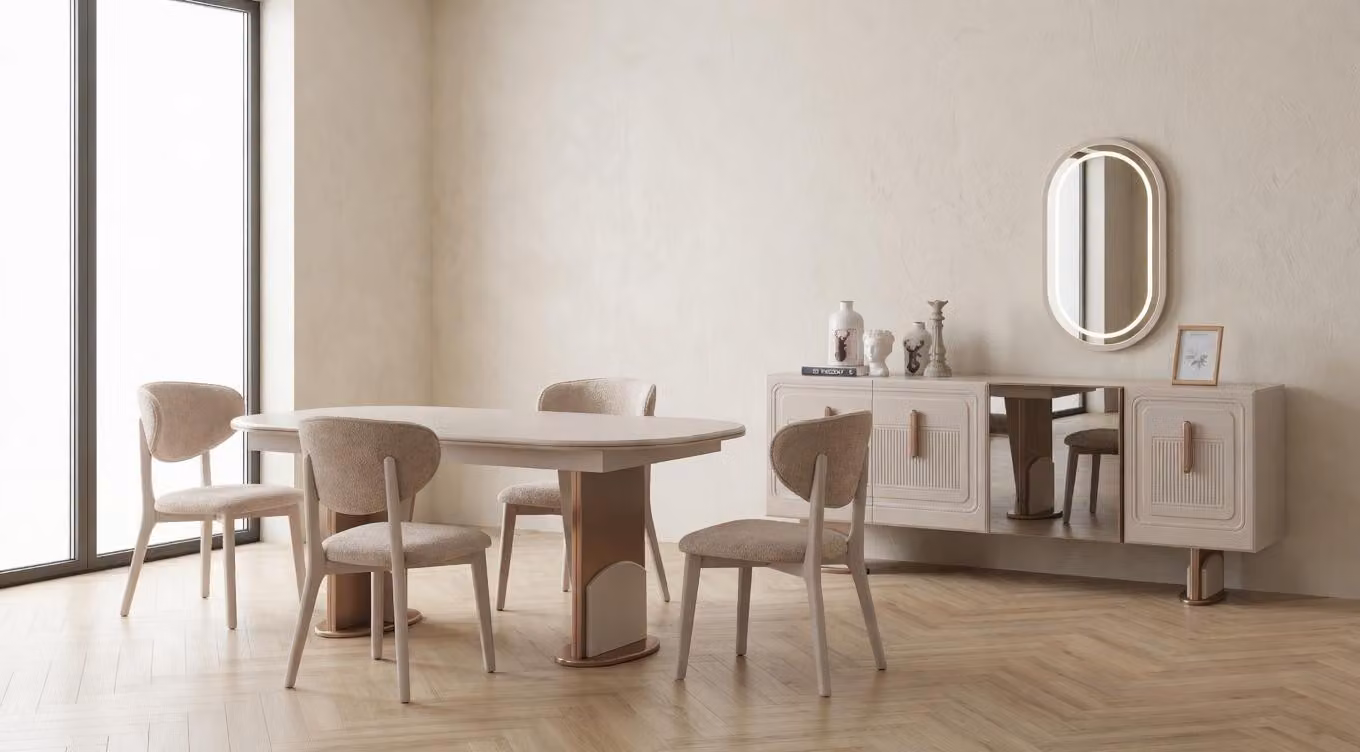 Set da pranzo design, tavolo ovale beige, stile moderno, composto da 4 sedie e un mobiletto contenitore