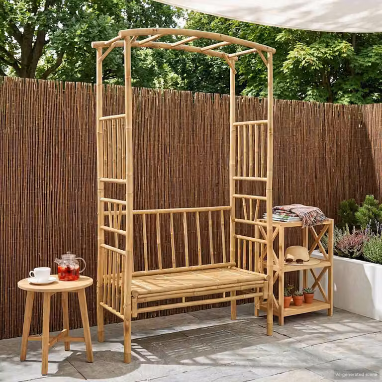 Arco da giardino con panchina vidaXL in bambù, colore beige/marrone, L: 115 cm, P: 50 cm, H: 205 cm