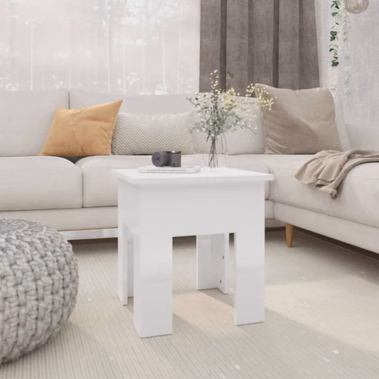 The Living Store Tavolino da salotto bianco lucido 40x40x42 cm in materiale ligneo
