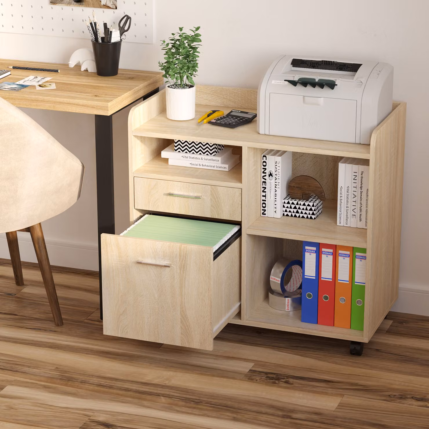 Mobiletto Multiuso Aosom con 4 Ruote per Ufficio e Stampante, Rovere, L: 80 cm, P: 40 cm, H: 72 cm – 2