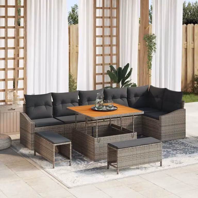 Set Divano da Giardino a L vidaXL 9 pz Grigio con Cuscini e Tavolino in Polyrattan e Metallo