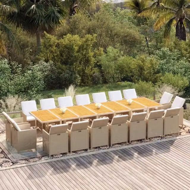 Set da pranzo da giardino moderno vidaXL in legno di acacia oliato e polyrattan con cuscini beige e bianchi – 1