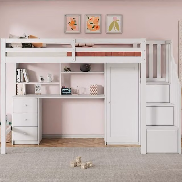 Letto a castello per bambini 90x200 cm con scrivania e armadio bianco