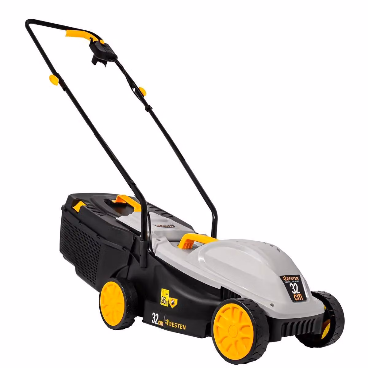 Tagliaerba elettrico 1200W BESTEN larghezza 32 cm cesto 35L altezza regolabile 25–65 mm leggero e maneggevole