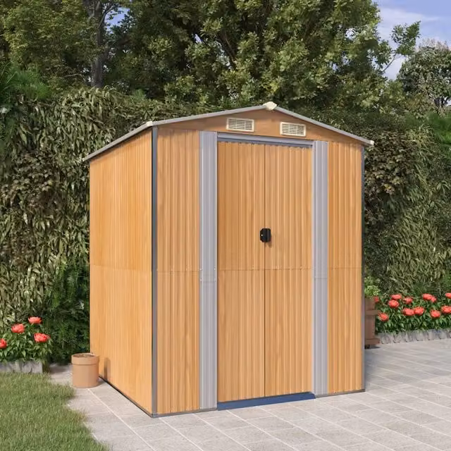 Capanno da giardino Videx in acciaio zincato marrone con porta scorrevole e ventilazione laterale L/P/H: 192 x 192 x 223 cm – 1