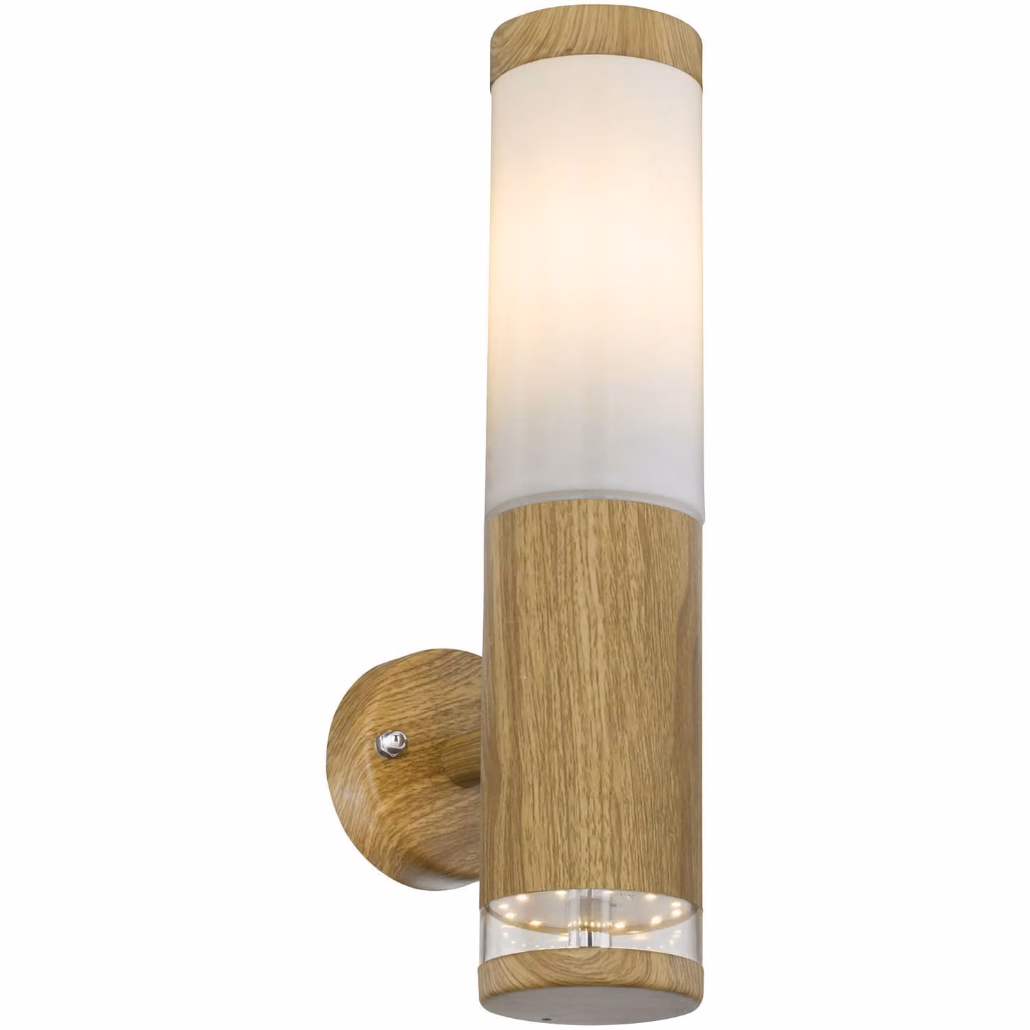 Globo Lighting lampada da esterno in acciaio inox effetto legno, plastica opale, trasparente, direzione della luce: verso l'alto, IP44, con LED decorativo, LxH: 85x350mm, AL: 142mm, escl. 1x E27 LED 15W 230V, incl. LED 1.2W 230V, sorgente 101lm, uscita 60