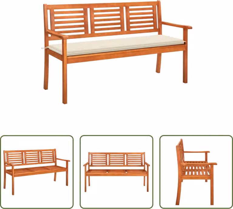 The Living Store Panca da giardino a 3 posti con cuscino 150 cm in legno massiccio eucalipto