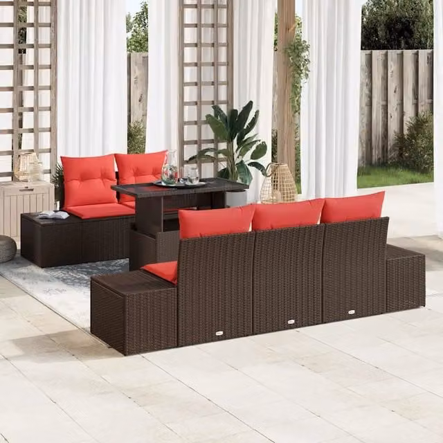 Set Divano da Giardino 6 pz 5-Numero di posti Marrone e Rosso 3357837