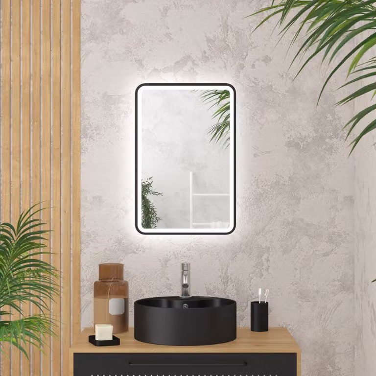 Specchio da bagno a LED, dimensioni 40x60 cm, cornice nera, da montare a parete