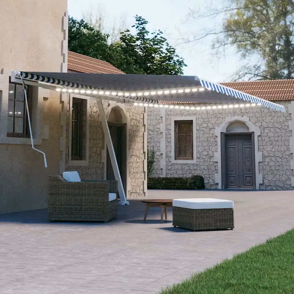 vidaXL Tenda da Sole Retrattile Manuale con LED 600x300cm Blu e Bianco
