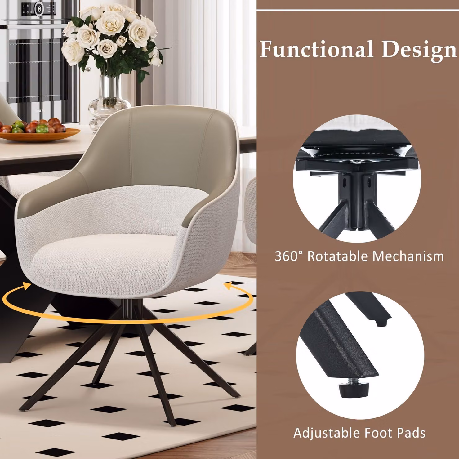 Sedia da pranzo - Sedia girevole - Sedia a forma di conca - Sedia da cucina - Set di 2 sedie beige - Rivestita in ecopelle con imbottitura in memory foam