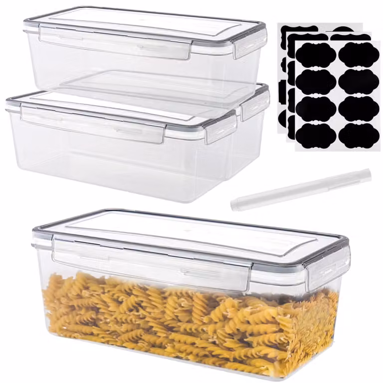 Omgoods - Contenitori per alimenti, 4 pezzi da 3,2 litri - Ermetici - Plastica - Trasparente - Organizzatori - 27,5 x 13,3 x 11,8 cm - Impilabili - Contenitori per la conservazione