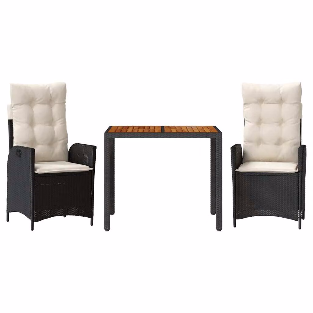 Set da Pranzo da Giardino 3 pz con Cuscini Nero in Polyrattan
