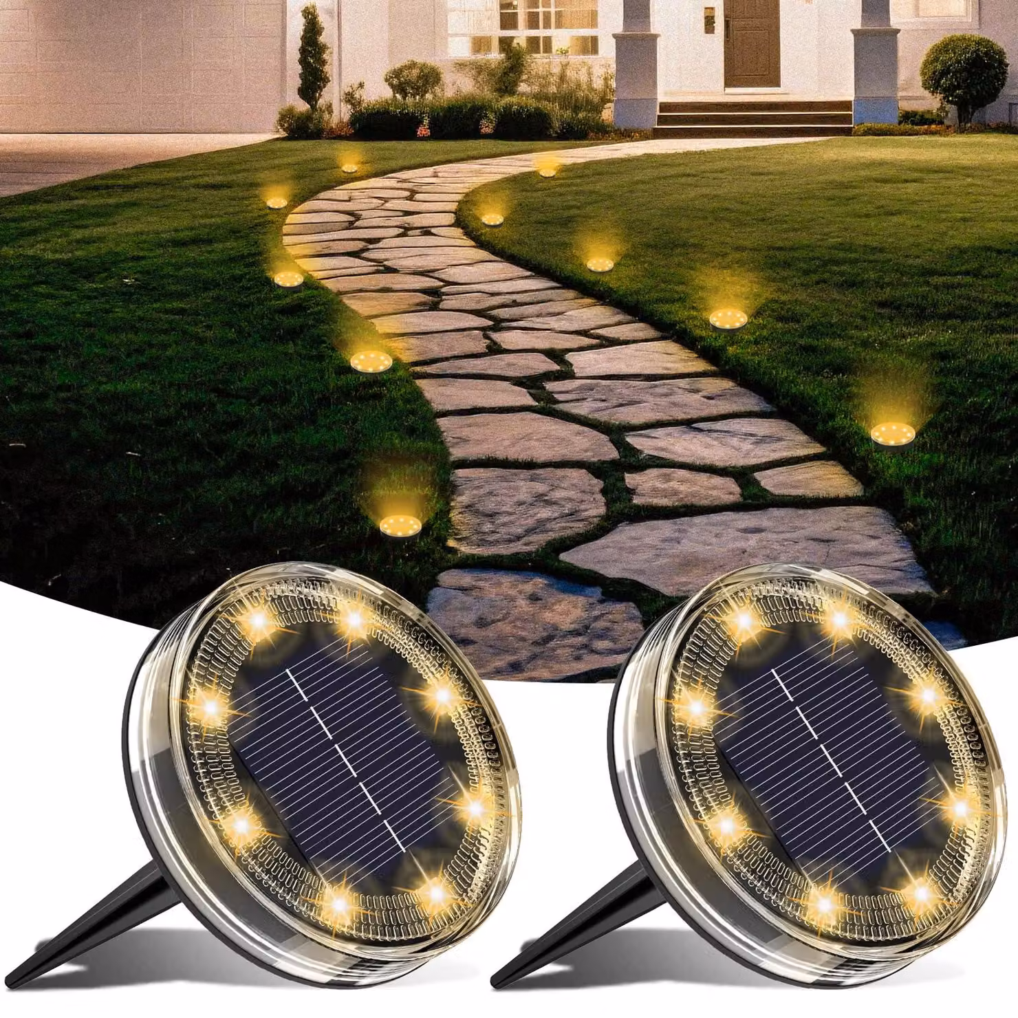 2 luci solari da giardino, grado di protezione IP68, impermeabili, luce bianca calda, altezza 8,5 cm, materiale: plastica