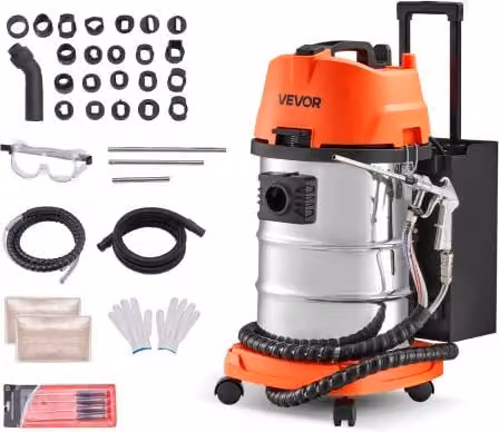 VEVOR Macchina per Sabbiatura con Guscio di Noce da 30 Litri e 1600 W, Sabbiatrice su Carrello Arancione con 23 Adattatori per la Pulizia del Collettore di Aspirazione