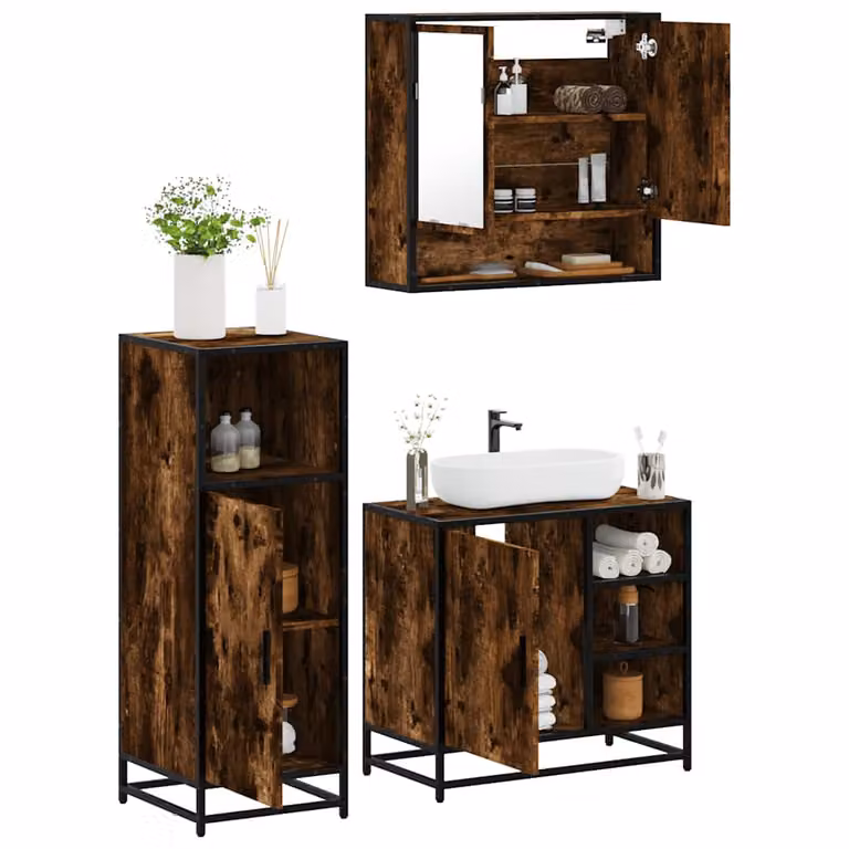 Set di mobili da bagno vidaXL 3 pezzi in stile industrial, colore marrone, con mobile lavabo, pensile e armadietto con specchio in legno, metallo e vetro