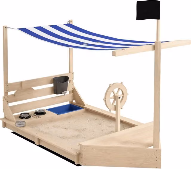 Sabbiera in legno XYLO con cucina giocattolo, 6 accessori, contenitore, timone e bandiera, marrone e multicolore, L: 180 cm, P: 103 cm, H: 144,5 cm