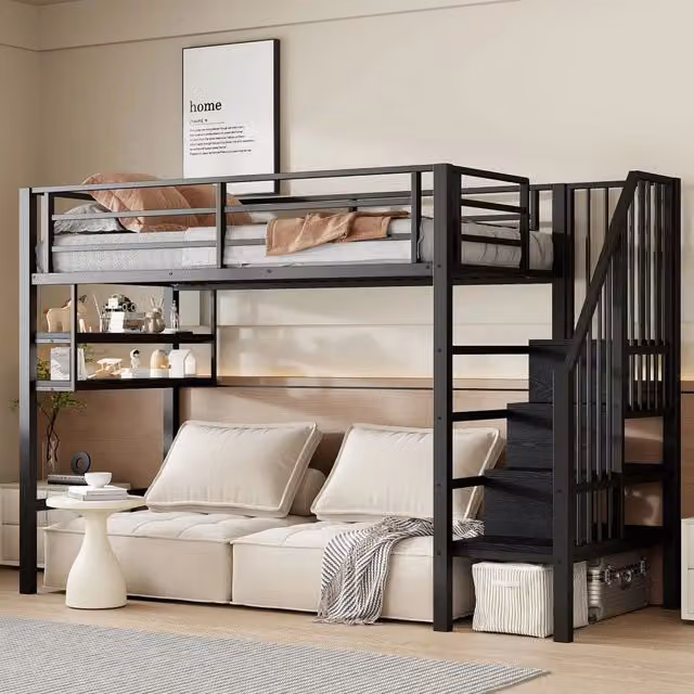 Letto a soppalco 90x200 cm nero in metallo con mensole, scala contenitore e spazio libero sotto il letto, senza materasso