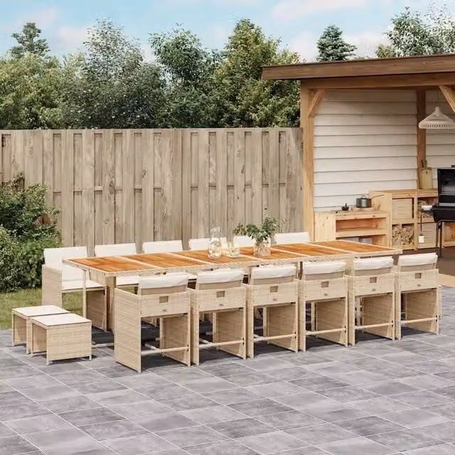 Set da pranzo da giardino vidaXL in polyrattan e legno di acacia con 17 pezzi e cuscini beige – 1