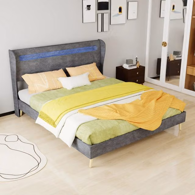 Letto basso Mivray in tessuto e metallo grigio con illuminazione LED sotto il letto L: 160 cm, P: 200 cm