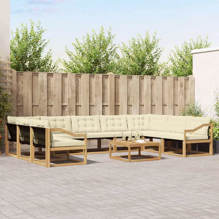 Set di divani da esterno vidaXL a forma di U in legno di acacia con tavolino e cuscini, Bianco e Beige