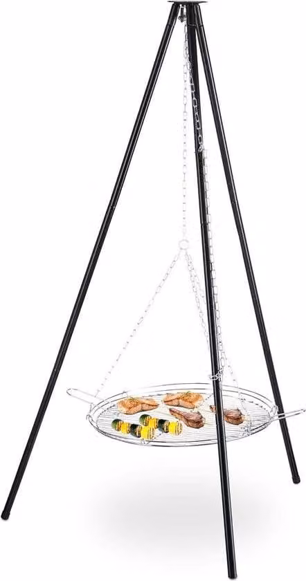 Griglia a tre gambe con griglia e catene – Regolabile in altezza – A x P: 151 x 100 cm – Griglia nero-argento