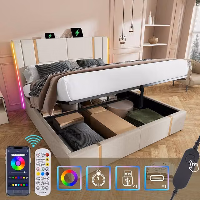 Letto a cassone con controllo APP e LED - Xylo - 180??200 cm - Beige