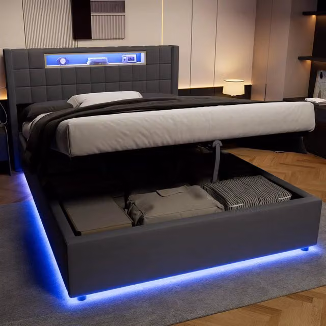 Letto matrimoniale imbottito 140 x 200 cm in velluto grigio con contenitore idraulico, LED e porte USB/Type-C