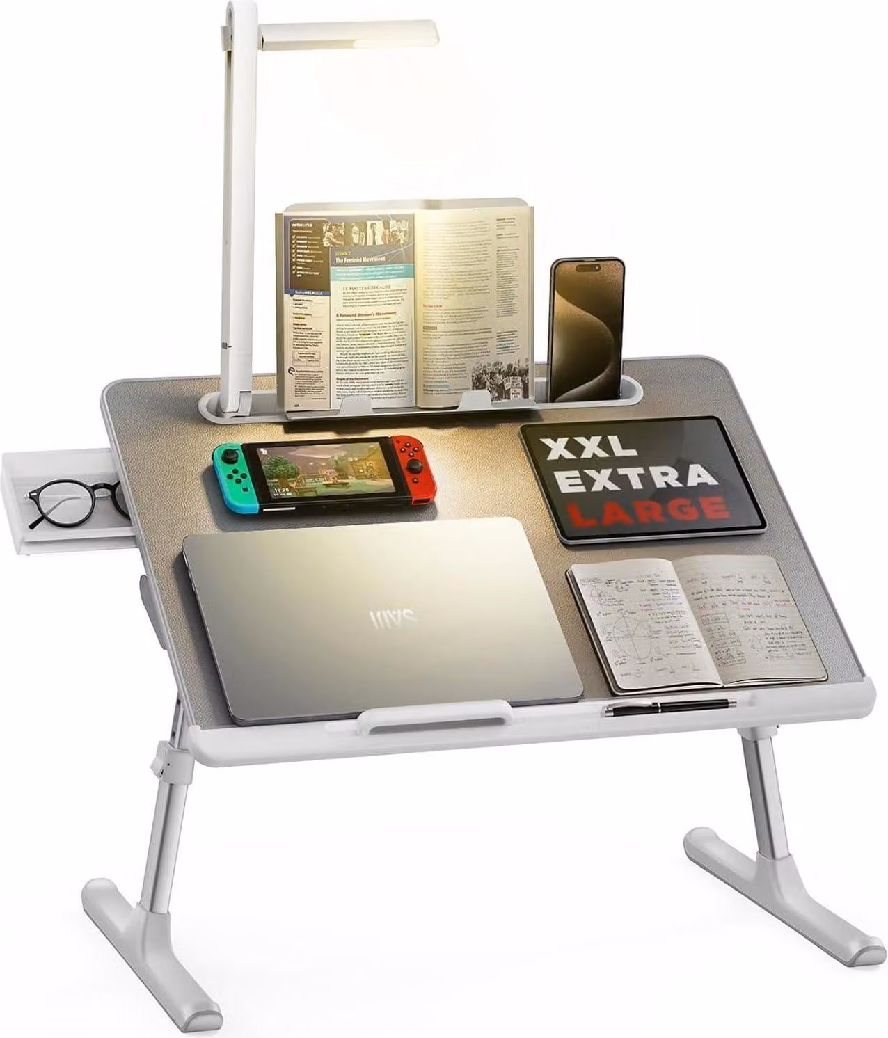 Tavolo per computer portatile Tavolo da letto con lampada LED Supporto per libri regolabile in altezza