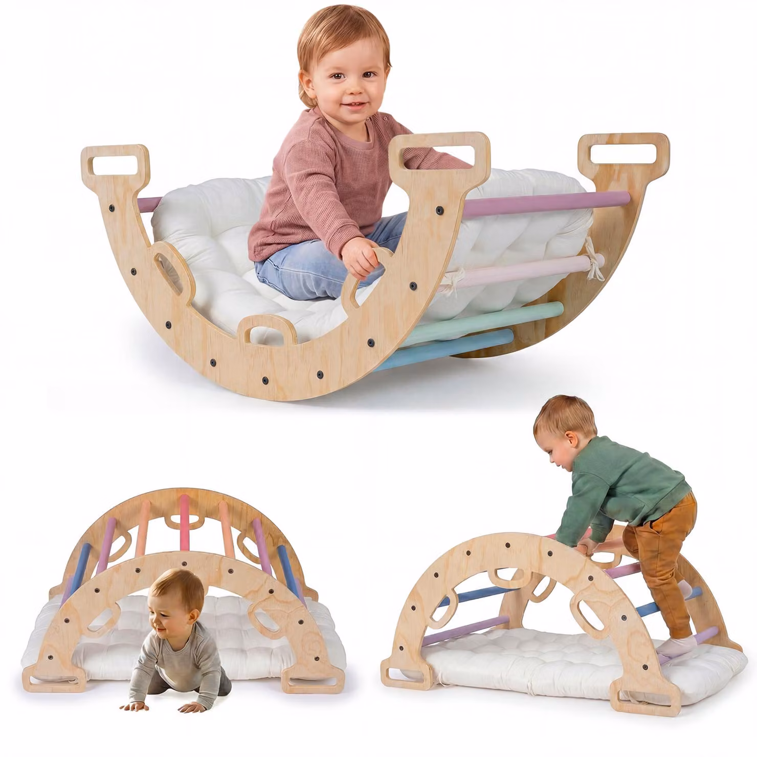 COSTWAY - Struttura a forma di arco in legno con cuscini, altalena-arrampicata Montessori, triangolo per arrampicata, altalena ad arco, arcobaleno, struttura per arrampicata da interno per bambini dai 3 anni in su, 81 x 48,5 x 38,5 cm