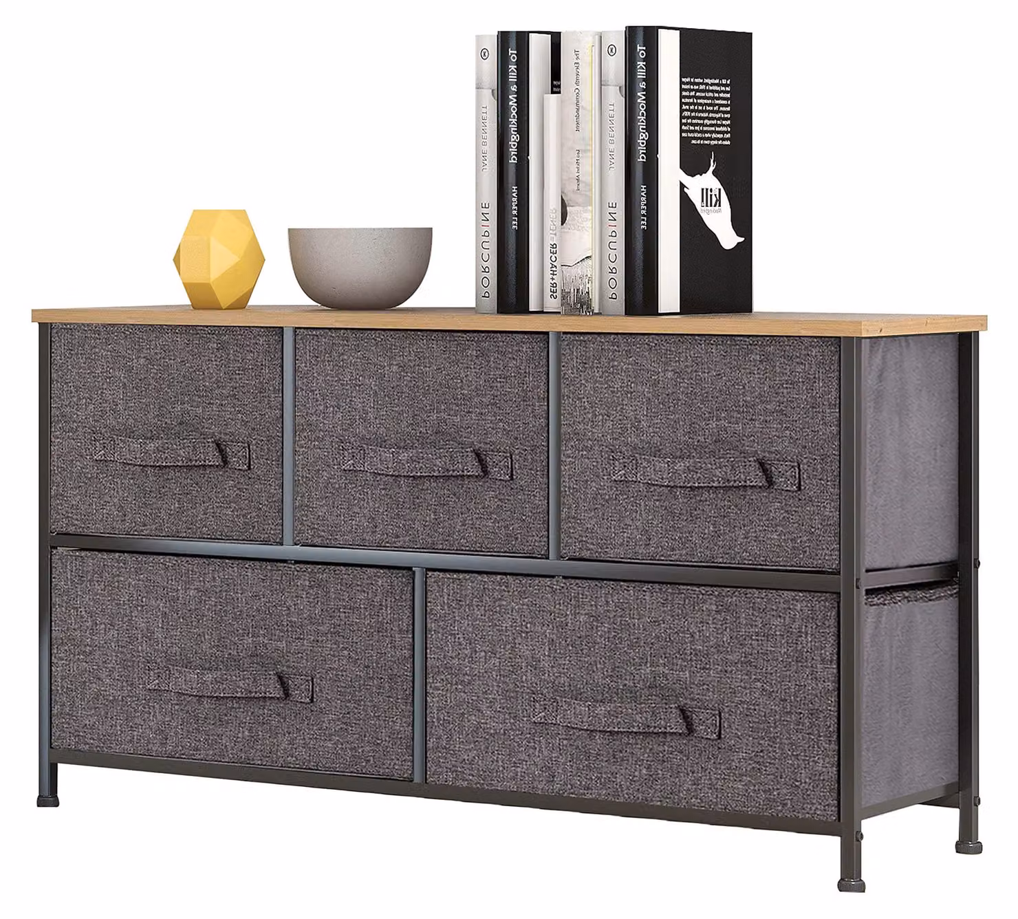 Comodino imbottito grigio con 5 cassetti, versatile per l'ingresso e la camera da letto