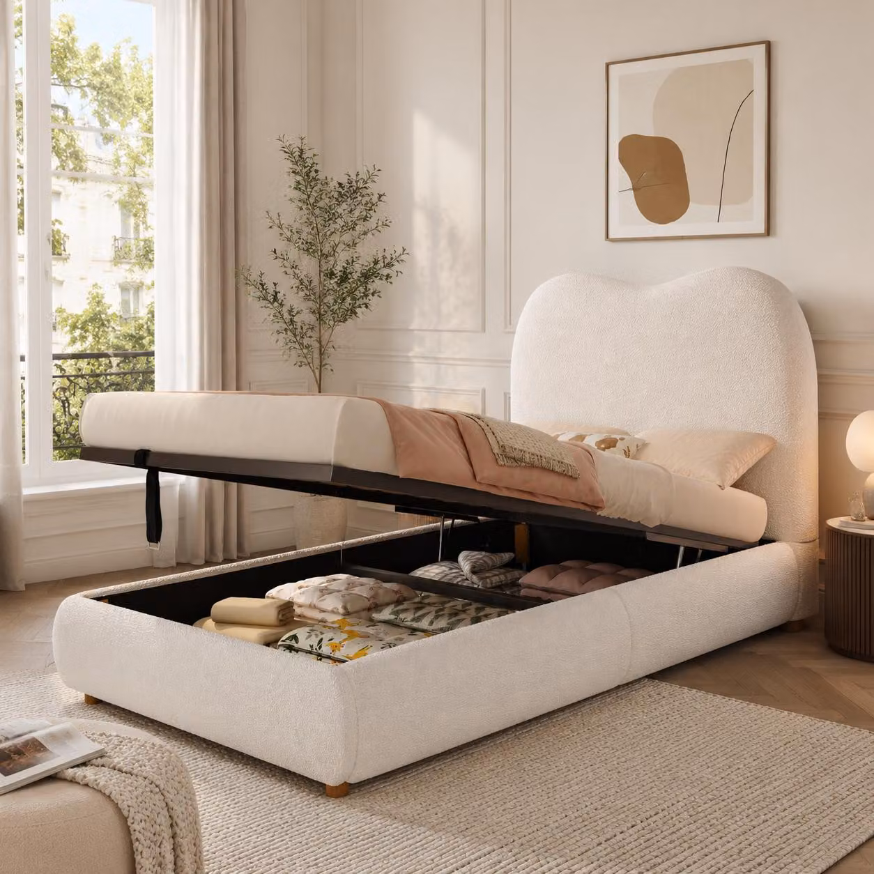 Letto imbottito 90x200 cm con spazio contenitore ad apertura idraulica, rete a doghe e testiera imbottita da 11 cm, rivestito in tessuto bouclé, colore beige