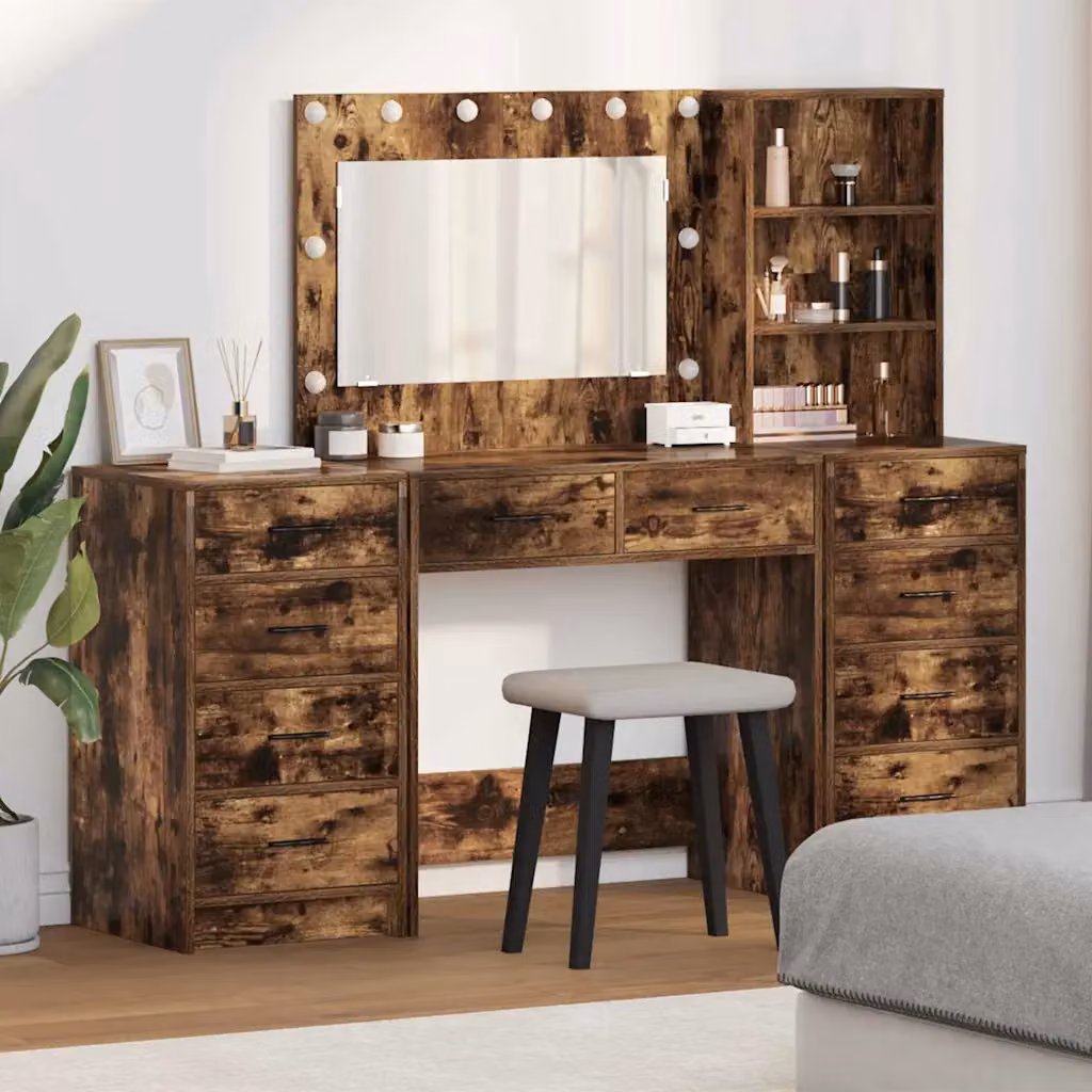 Set da trucco vidaXL in legno e MDF con specchio LED, colore marrone, L: 78,5 cm, P: 41 cm, H: 135 cm