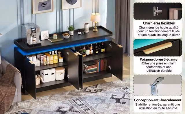 Credenza con LED RGB a 4 ante e vani aperti in MDF nera con controllo app per cucina e soggiorno 160 × 39 × 83 cm