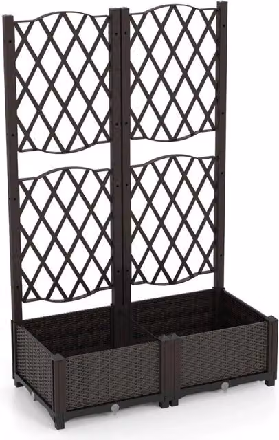Fioriera con doppio traliccio vassoio autoirrigante 80 x 40 x 122 cm design rustico PE marrone 20_0012201