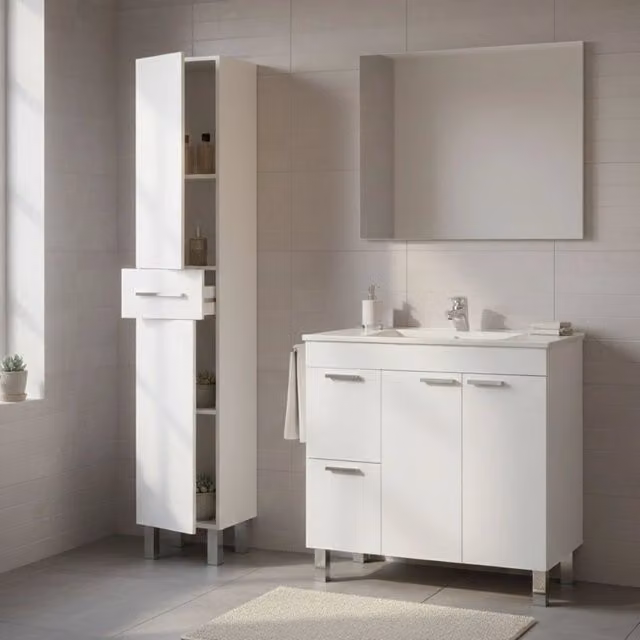 Lomello, set Mobili Bagno Specchio Incluso, Bianco Lucido