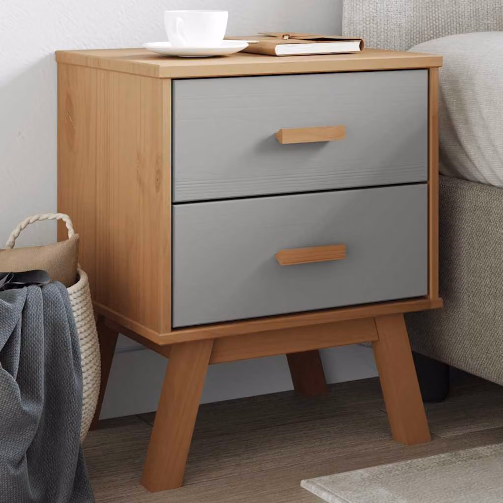 vidaXL Comodino OLDEN in Legno di Pino Massello, Grigio e Marrone, Stile Scandinavo, L: 39,0 cm, P: 45,0 cm, H: 57,0 cm