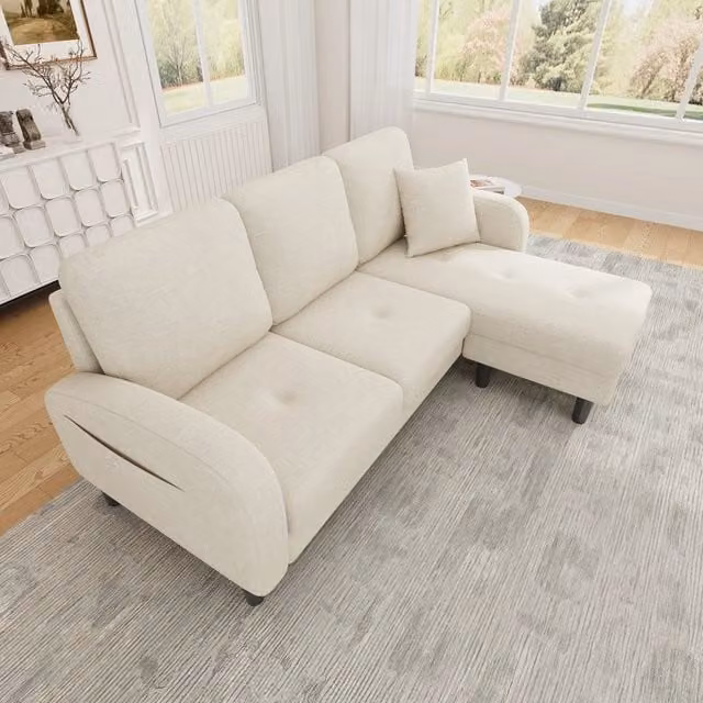 Divano angolare modulare a L WISHDOR con chaise longue reversibile, 3 posti, tessuto beige, L/P/H: 166 x 118 x 77 cm