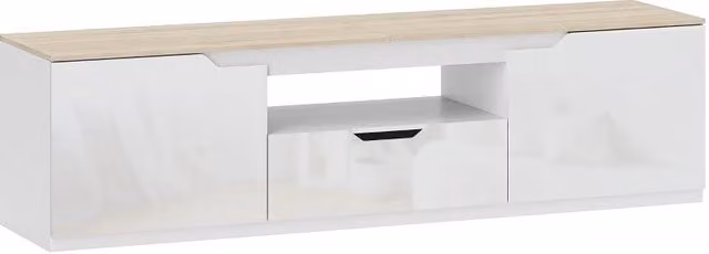Mobile TV in legno naturale lucido per TV fino a 65'', 160x38x43 cm con 3 scomparti e cassetto