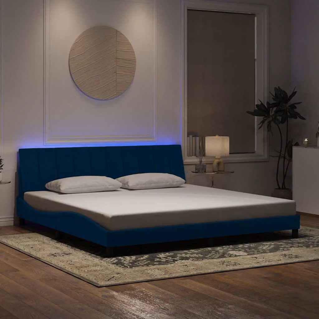vidaXL Giroletto Hanko Blu in Velluto con LED e Porte USB, L 200 cm x P 200 cm – 1