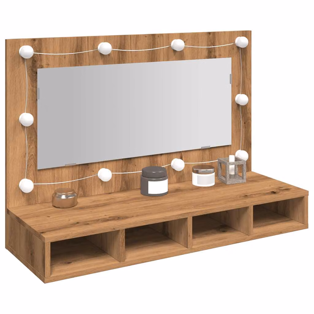 Mobiletto a specchio con LED vidaXL in rovere artigianale marrone L: 90 cm, P: 31,5 cm, H: 62 cm