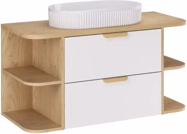 Set mobile sottolavabo OSTER MEUBLORAMA bianco con cassetti, nicchie a vista, piano e lavabo da appoggio L: 100 cm