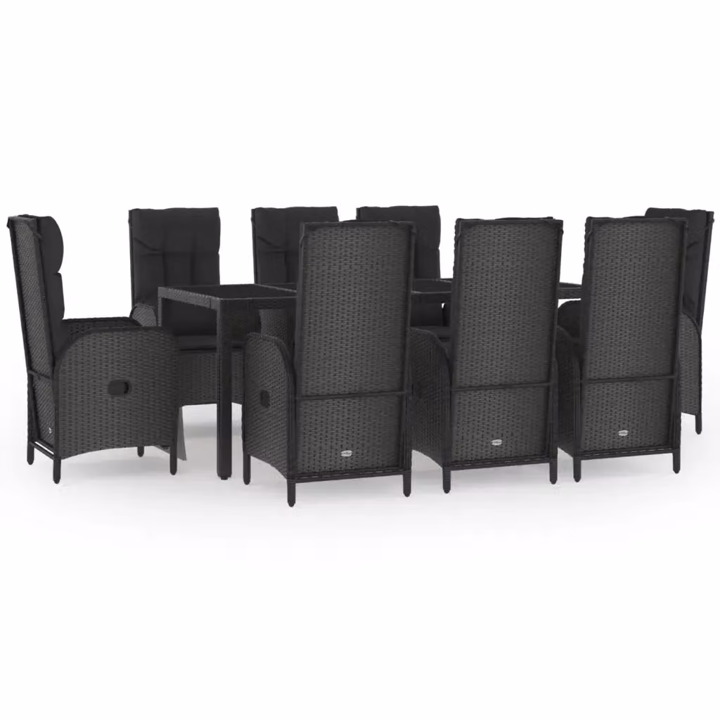 Set da pranzo da giardino vidaXL in polyrattan con cuscini nero e grigio e tavolo in vetro – 2