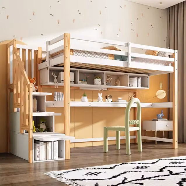 Letto a soppalco per bambini 90x200 cm bianco e rovere con scrivania, scale e scaffali