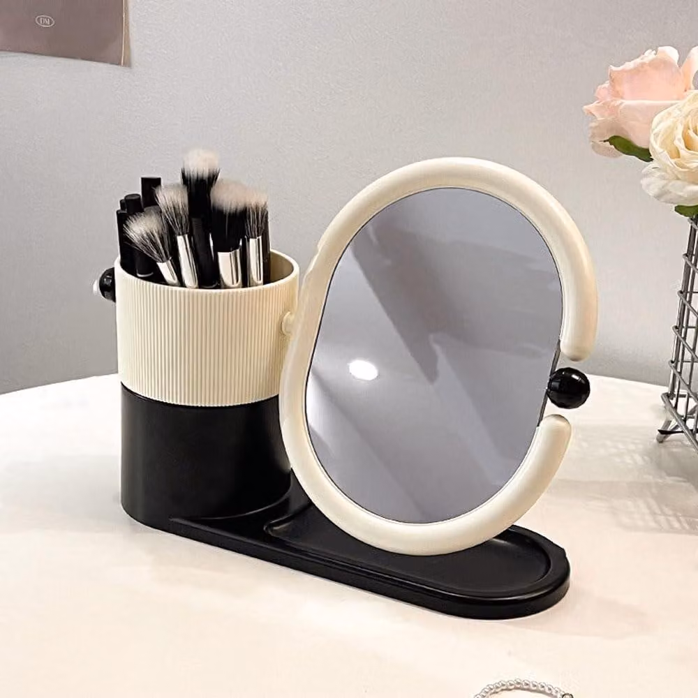 Specchio da trucco a doppio lato con contenitore portaoggetti - Nero e bianco