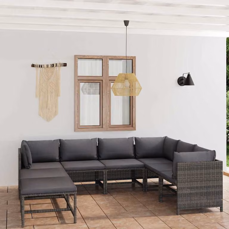 Set Divani da Giardino vidaXL 8 pz a Forma a U in Polyrattan Grigio Antracite con Cuscini e Ottoman