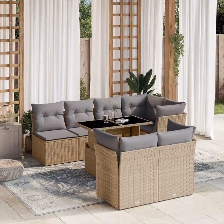 vidaXL Set Divano da Giardino a L 8 pz con Cuscini Beige e Tavolino in Metallo e Vetro