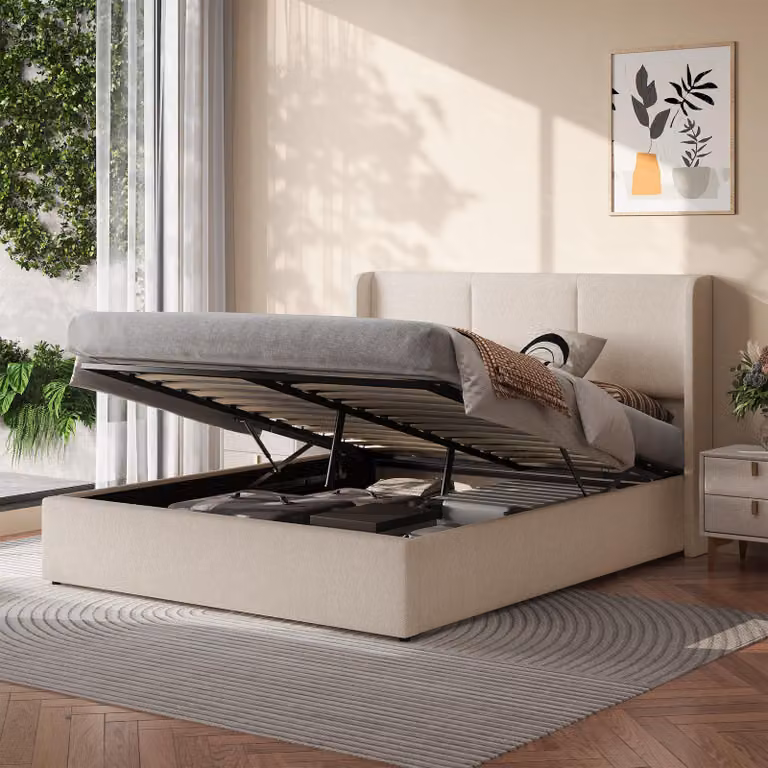 Letto imbottito REMZETTA, 160 x 200 cm, per adulti, letto matrimoniale con contenitore, meccanismo di sollevamento idraulico, rete a doghe, testiera imbottita, color beige