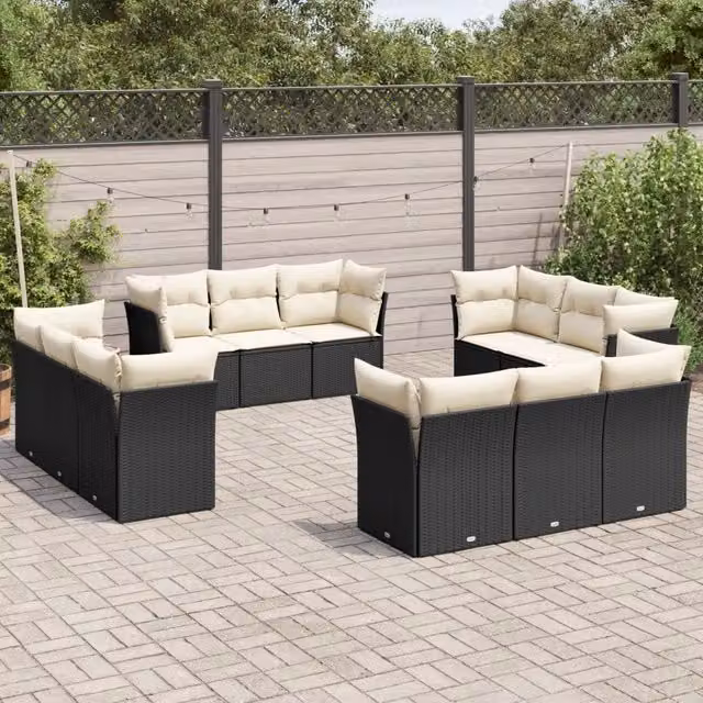 Set di Divani da Giardino a Forma di U con Cuscini vidaXL in Polyrattan e Metallo Nero e Bianco – 1