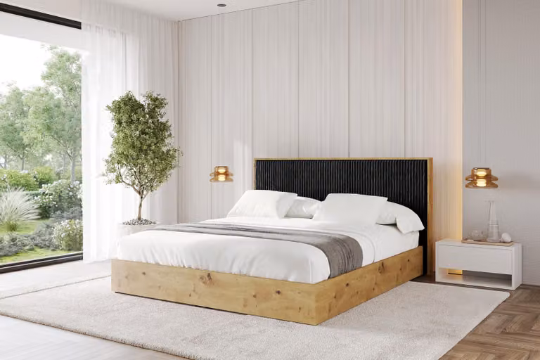 Letto imbottito ALTDECOR con contenitore - ENZO10 160x200 Nero, letto a doghe con testiera e vano contenitore, letto matrimoniale con materasso H3/H4